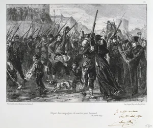 Guerre franco-prussienne 1870-1871 : Bataille de Buzenval (Mont Valérien) près de Versailles, 19 janvier 1871. Garde nationale marchant vers la bataille et la défaite. D