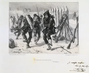 Guerre franco-prussienne 1870-1871. Siège de Paris 19 sept 1870-28 jan 1871. Soldats sur les remparts sautant pour se réchauffer. D