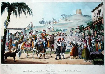 Procession de mariage dans la région de Cagliari, Italie, gravée par Bezard 1825