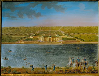 Hubert, un pavillon de chasse près de Paris, construit par Louis XV ... (plaque rectangulaire en étain, dorée et gouachée)