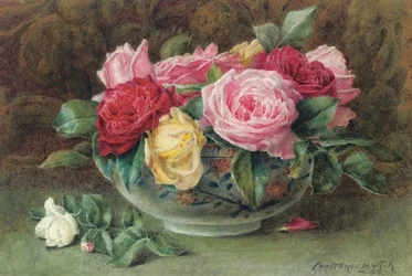 Nature morte avec un bol de roses roses, jaunes et rouges, 1883