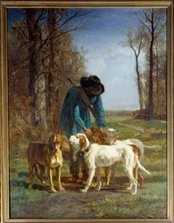 Chasseur arrêté par ses chiens. Peinture de Constant Troyon (1810-1865)