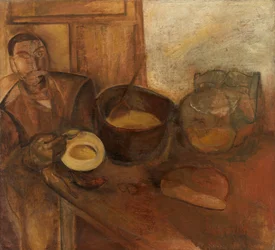 Homme mangeant de la soupe au lait