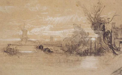 Paysage avec des vaches, une ferme et des moulins