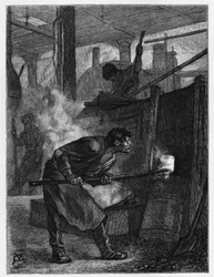 Puddleur à son four (ouvrier sidérurgiste responsable de remuer le fer pour le transformer en fer en brûlant le carbone), dans une usine à Jumet (ou Djumet, dans la ville de Charleroi). Gravure par Constant Meunier, pour illustrer le récit « Belgique », pa