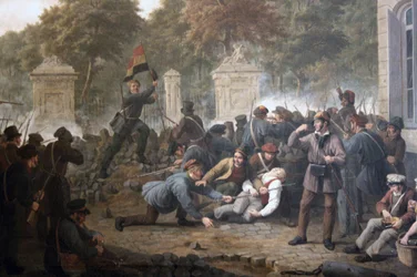 Barricade révolutionnaire face au parc de Bruxelles pendant les combats entre les rebelles belges et les forces néerlandaises en 1830