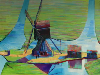 Paysage coloré avec un moulin à vent