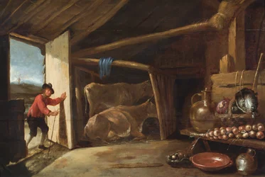 Un intérieur de grange avec un bouvier qui entre et une nature morte de légumes et de récipients en cuivre (huile sur panneau)