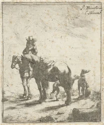 Cavalier avec deux chevaux et deux chiens