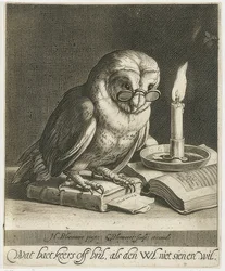 Chouette avec lunettes et livres. Vers 1625