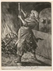 Une femme allume une fusée éclairante, planche 5 de la série «Joie générale lors du siège de Namur par Guillaume III, 1695»