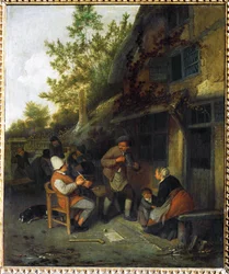 Paysans devant une taverne (peinture sur bois de chêne)