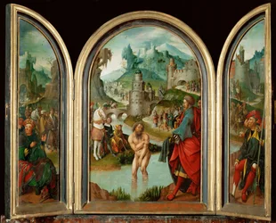 La prophète Elisa guérit le capitaine syrien Naeman de la lèpre dans les eaux du Jourdain (peinture sur bois de chêne)