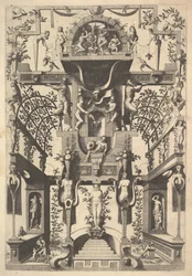 Structure architecturale fantastique avec ornement et deux pergolas et une petite scène avec Vu..., 1557