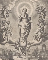 La Vierge en gloire, debout sur des nuages et entourée d