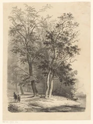 Deux figures marchant dans une forêt