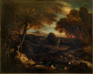 Vaste paysage classique avec figures se baignant au premier plan