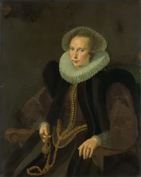 Néerlandais : Griete Jacobsdr van Rhijn (1585-1652). Épouse de Jacob Cornelisz Banjaert, dit van Neck Portrait de Griete Jacobsdr van Rhijn (1585-1652). Épouse de Jacob Cornelisz Banjaert, dit van Neck