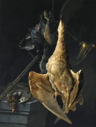 Nature morte de chasse avec une oie, un lièvre, un cor de chasse, un fusil et d