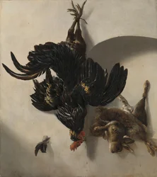 Nature morte avec coq noir et deux lapins