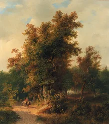Paysage boisé avec des voyageurs sur un chemin sablonneux