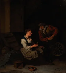 Un cavalier et une femme au rouet