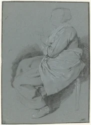 Femme assise, de profil à gauche, portant un tablier