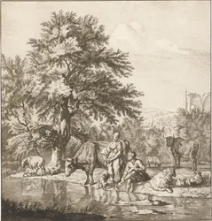 Berger et bergère avec troupeau près d