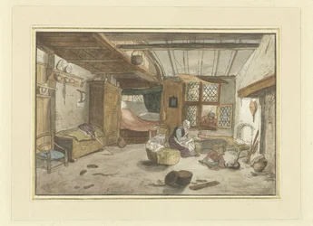 Intérieur avec femme près du berceau