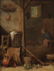 Un intérieur de cuisine avec un personnage assis dans la pièce adjacente