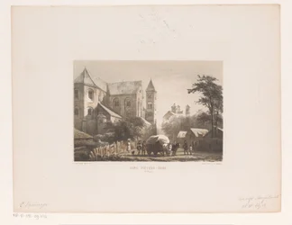 Bovins avec charrette devant une église du XIe siècle