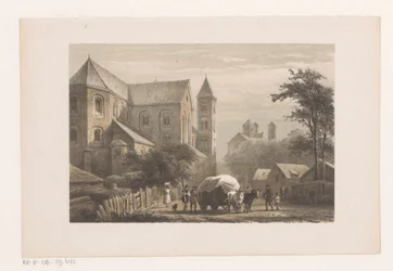 Bovins avec chariot devant une église du XIe siècle
