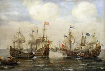 Un affrontement entre les Espagnols et les Néerlandais, vers 1630, chaque bateau a son drapeau, et à gauche, un bateau porte le drapeau des États généraux néerlandais
