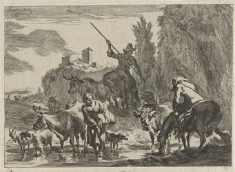 Bergers avec du bétail traversant un ruisseau (Paysages)
