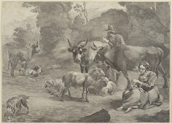 Paysage avec un berger et une bergère cousant