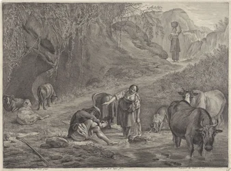 Lavandières et un berger au bord de l