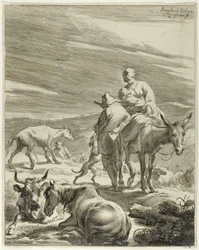 Une mère et un enfant emmailloté chevauchant un âne, planche 4 de Four Landscapes