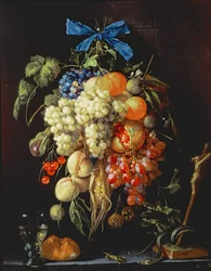 Bouquet de fruits avec symboles eucharistiques sur une corniche en dessous