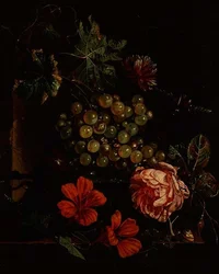 Raisins et fleurs avec scarabée, escargot et lézard