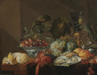 Nature morte avec écrevisse, huîtres et fruits, fin des années 1600 ou début des années 1700
