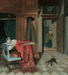 Intérieur avec un tapis, une épée et une cruche sur une table, un violoncelle sur une chaise, un manteau accroché à une armoire, un chat jouant avec une balle, une servante au-delà