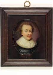 Un gentilhomme en pourpoint noir à motifs avec fraise tombante bordée de dentelle