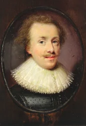 Un gentleman, en pourpoint noir à motifs avec col en dentelle tombante