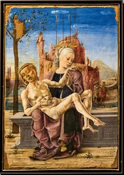 Lamentation, par Cosmè Tura, vers 1460. Dans la partie supérieure gauche de la peinture, un singe est montré accroché aux branches d