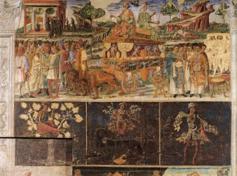 Triomphe de Jupiter et de Cybèle et signe du Lion, scènes du mois de juillet, fresque, mur nord, Salle des Mois, Palazzo Schifanoia (Palais de la Joie), Ferrare, Italie, vers 1470