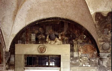 Saint Dominique guérissant la femme malade, lunette du cycle de fresques de la Vie de Saint Dominique, dans le cloître de Saint Dominique, vers 1698