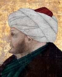Portrait du sultan ottoman Mehmet II (Mehmed II le Conquérant ou Muhammad II Fatih) (1430-1481). Peinture du miniaturiste Costanzo da Ferrara (vers 1450 à vers 1524). Détail. Bibliothèque du musée du palais de Topkapi, Istanbul