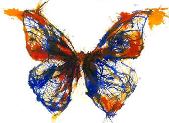 Papillon bleu et orange, 2021 (encre acrylique sur papier chiffon)