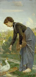 Fille nourrissant un canard