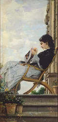 Femme cousant sur la terrasse